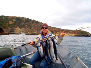 Capt. Bill’s wife ‘Laura’ with a nice stringer of Skipjack tuna (photo: Capt William Simpson)