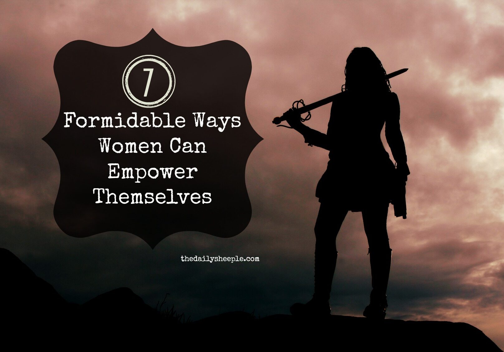 The silhouette of a warrior woman with storm clouds in the background.