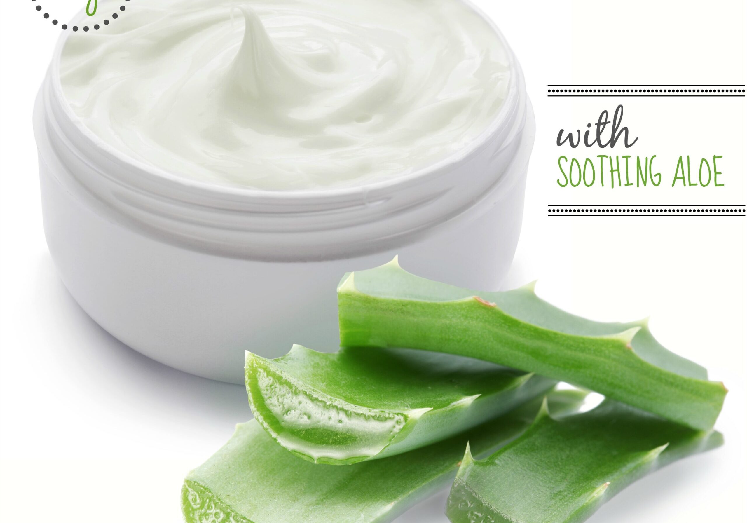 Opened plastic container with cream and aloe on a white background.