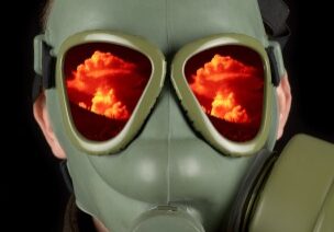 Gas mask with reflections of nuclear mushroom on eye visors