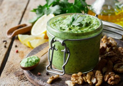 Here's a creative take on pesto and uses those small carrot tops that are thinned from the garden. This truly is the perfect sauce for all seasons. 